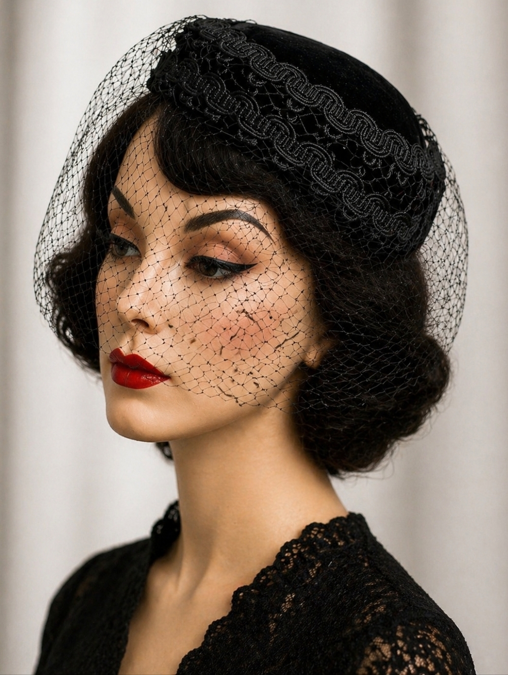 Vintage Black Velvet Pillbox Hat With Birdcage Veil 1950s Style Cocktail Hat